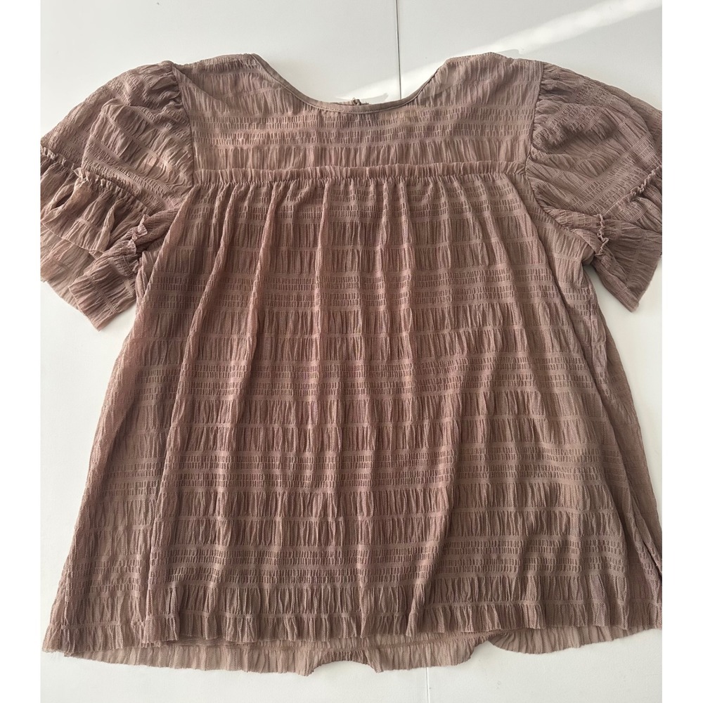 Max Studio Women Mauve Pink Textured Mesh Babydoll Blouse Short Sleeve 1710L79 M